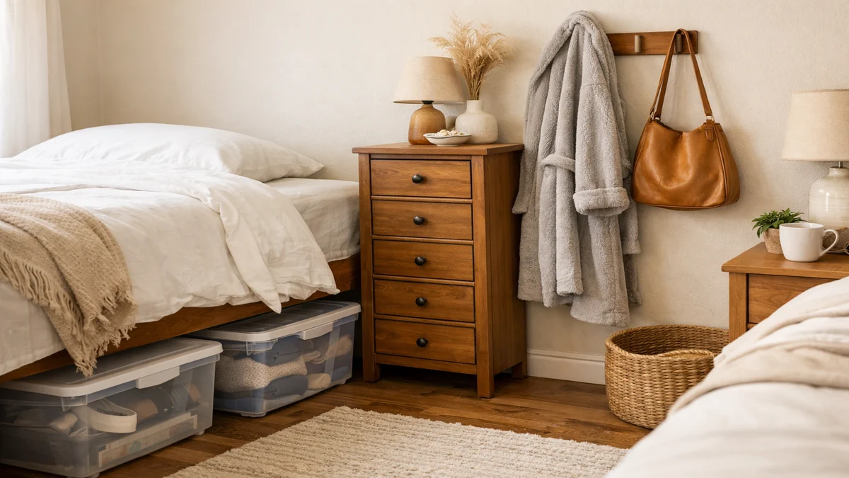 Small bedroom corner with under-bed bins, a narrow dresser, and hooks that keep clutter off the floor.