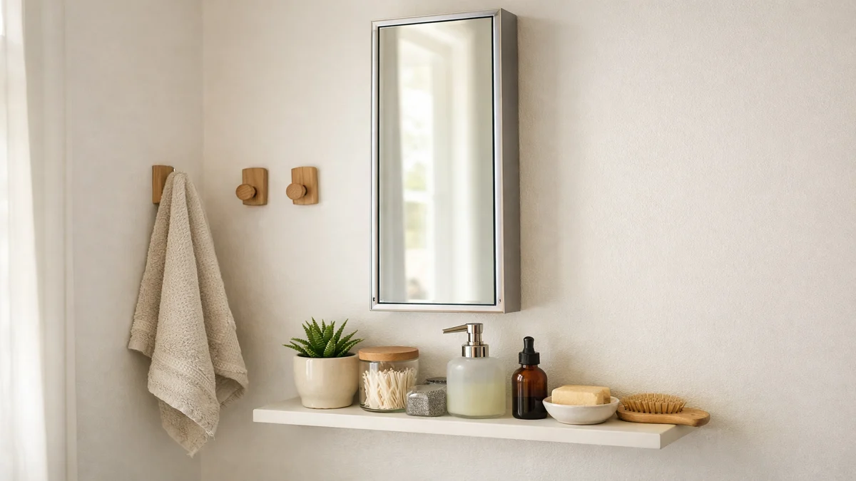 Small bathroom wall with a slim cabinet, hooks, and a shallow shelf organized beside the vanity.