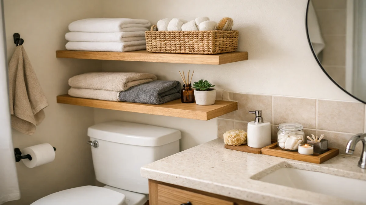 Small bathroom with shallow floating shelves, folded towels, and clear counter space.
