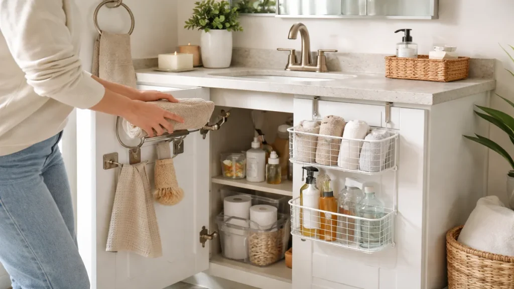 bathroom sink storage hack - lifestyle photo in real-world setting