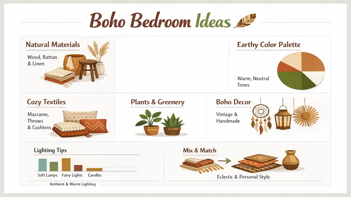 boho bedroom ideas - infographic with key information