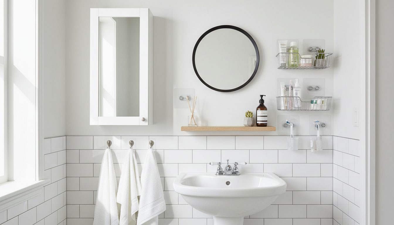 Small bathroom wall storage with a slim cabinet, hooks, and baskets organized beside the sink.