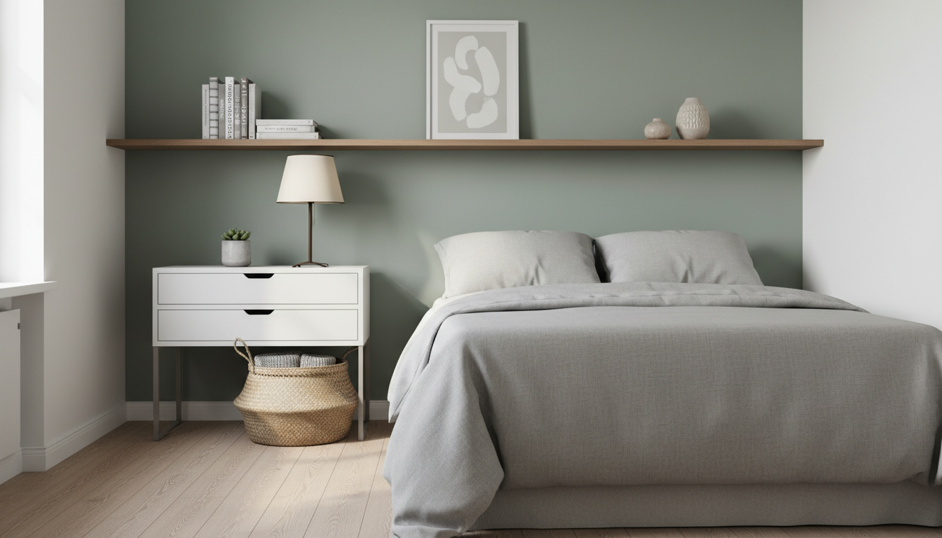 Compact bedroom with a drawer nightstand, wall shelf, and woven basket used for calm, space-saving storage.