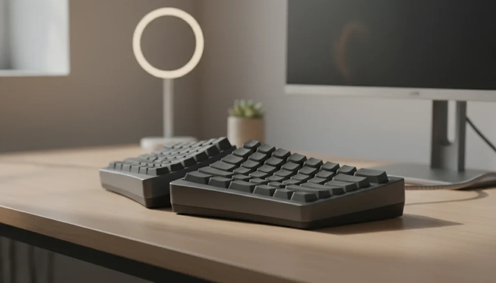 Ergonomic keyboard on a clean desk showing a product-focused split-style layout for lower-strain typing.
