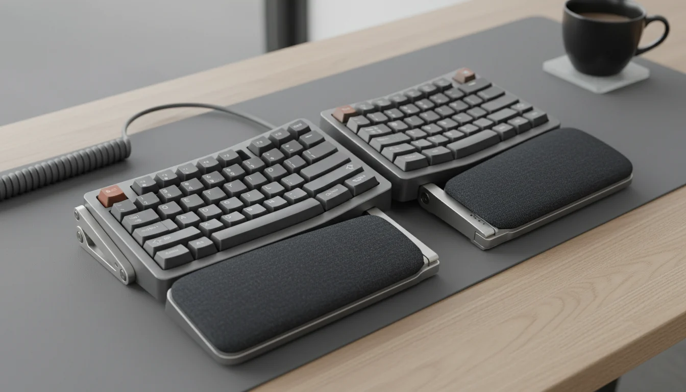 Close view of an ergonomic keyboard setup showing tenting angle, wrist-rest spacing, and key profile details.