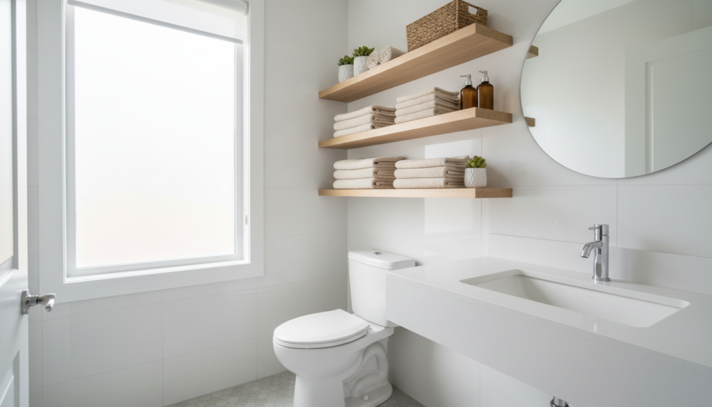 Small bathroom with floating shelves above the toilet, folded towels, and clear counters for easier daily use.