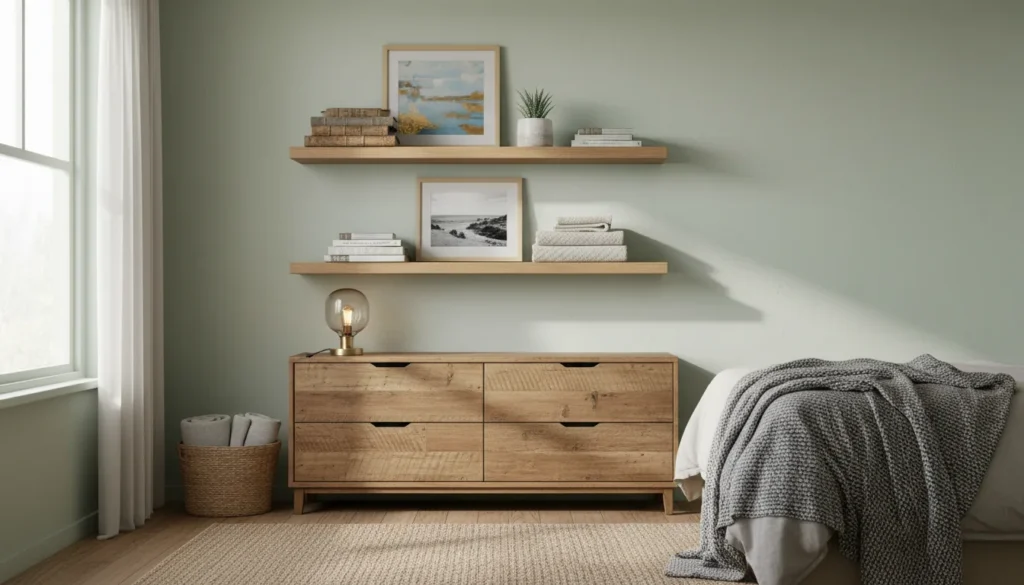 Bedroom with well-styled wall shelves above a dresser adding storage without making the room feel busy.