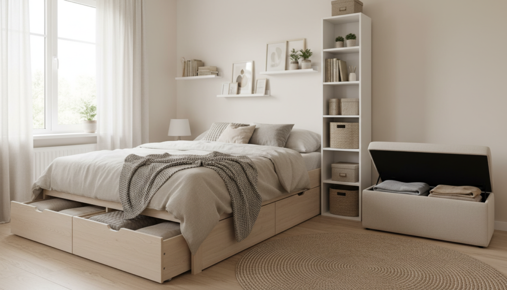 Small bedroom with under-bed storage drawers, tall shelving, and a storage bench arranged to save floor space.