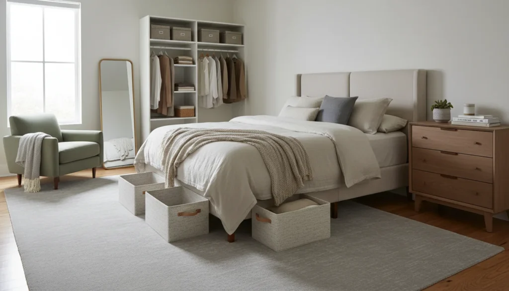 Organized bedroom with under-bed bins, a tidy dresser, and soft natural light that supports a calm clutter-free setup.