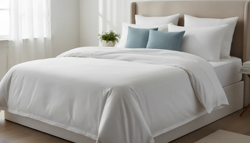 Neatly made bed with crisp bed sheets and layered pillows in a bright bedroom, highlighting material and feel.