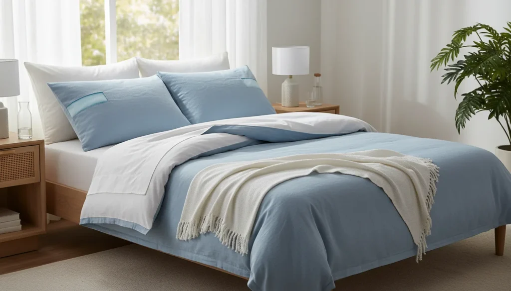 Cooling pillows arranged on a neatly made bed in a bright bedroom for hot sleepers.