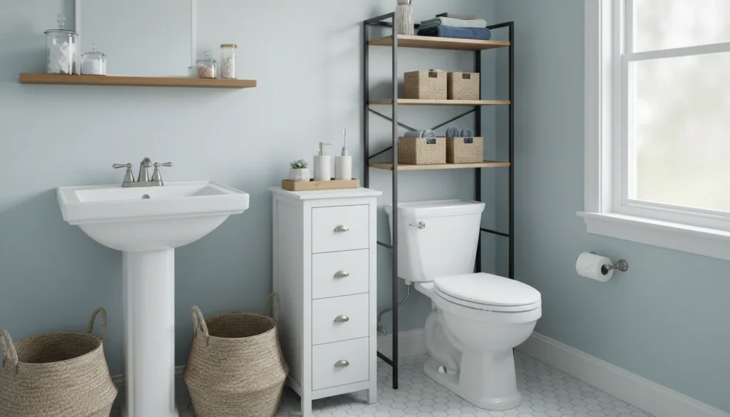 Small bathroom with no built-in storage using a freestanding cabinet, shelves, and baskets to stay organized.