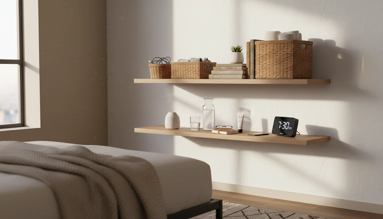 Floating bedroom shelves holding books, baskets, and bedside essentials in a practical real-home setup.