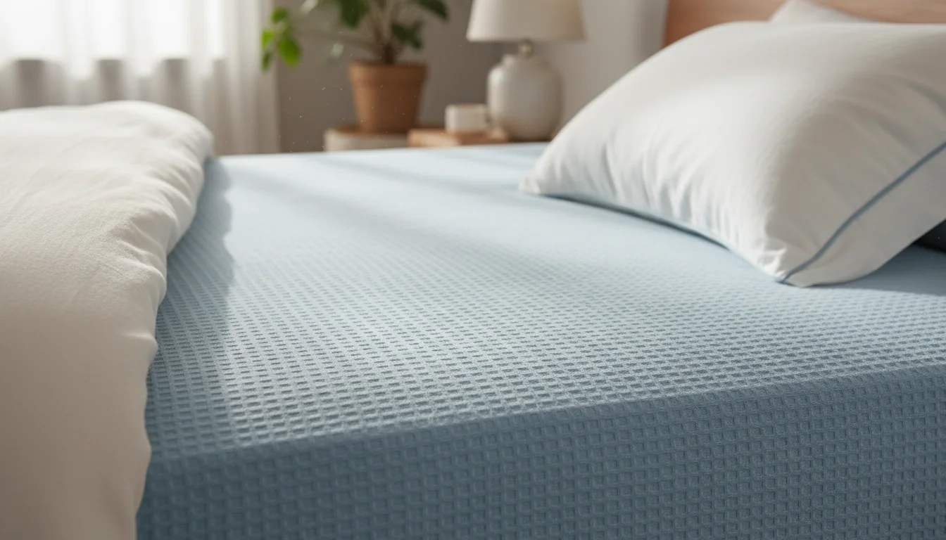 Close-up of bed sheet texture on a made bed, showing breathable fabric and smooth bedding in natural light.