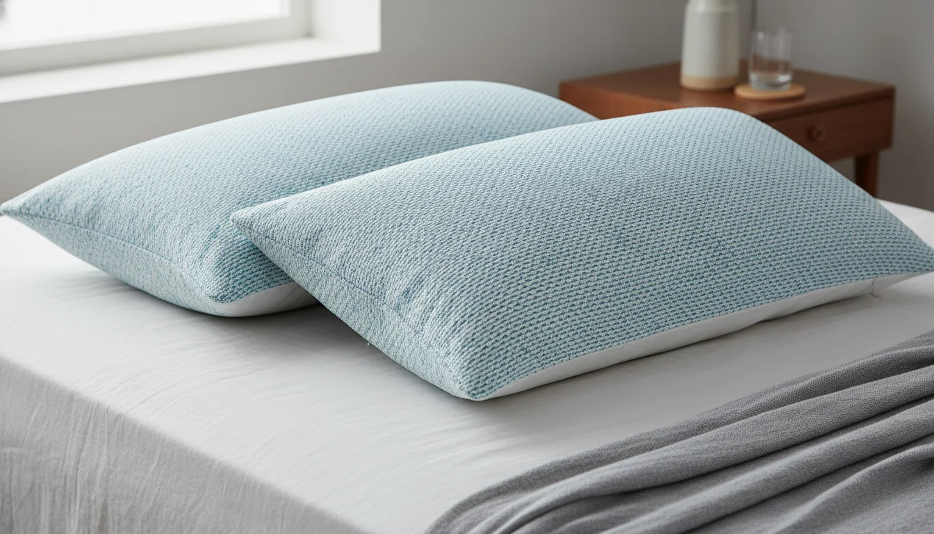 Close detail of breathable cooling pillows and pillowcases on a bed in natural light.
