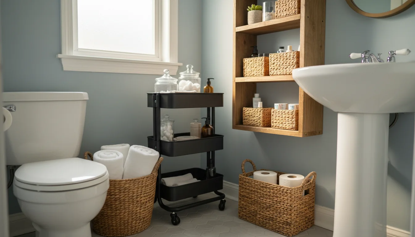 Bathroom storage details with baskets, a rolling cart, and shelf space added beside the sink and toilet.