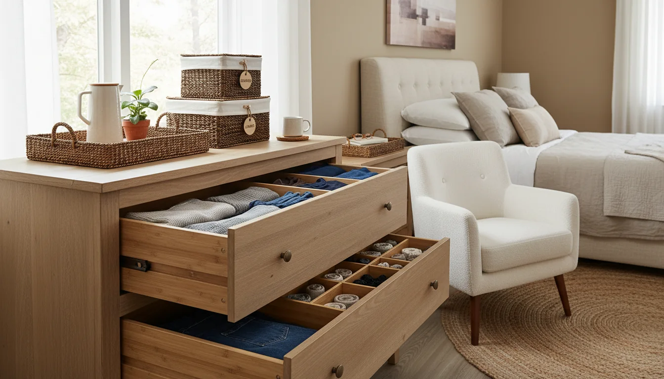 Bedroom storage details with baskets, drawer organizers, and a neat nightstand arranged for low-clutter daily use.