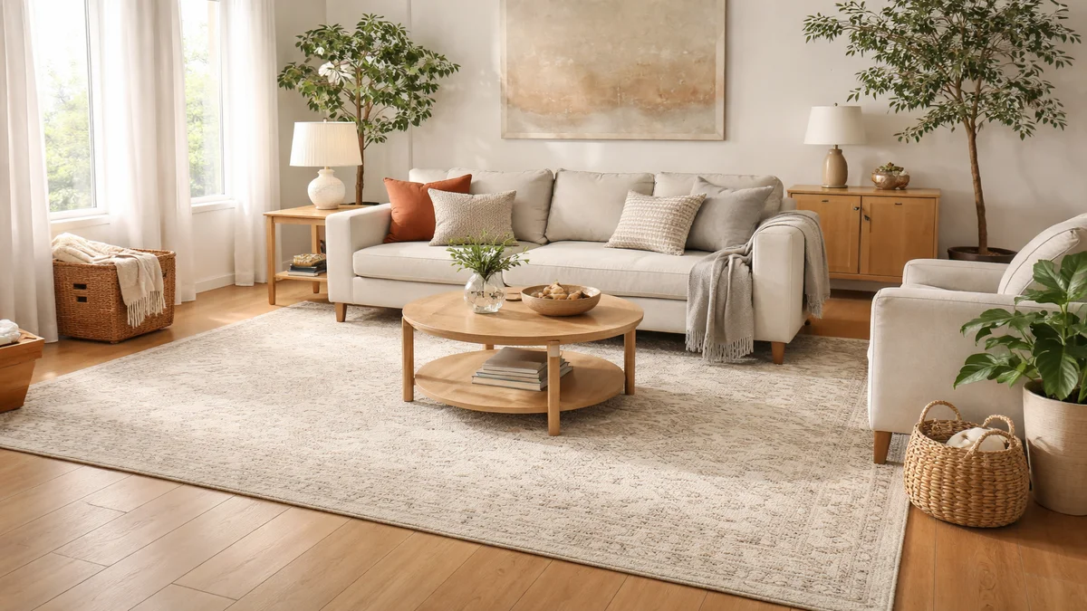 living room rug placement tips - professional product photography