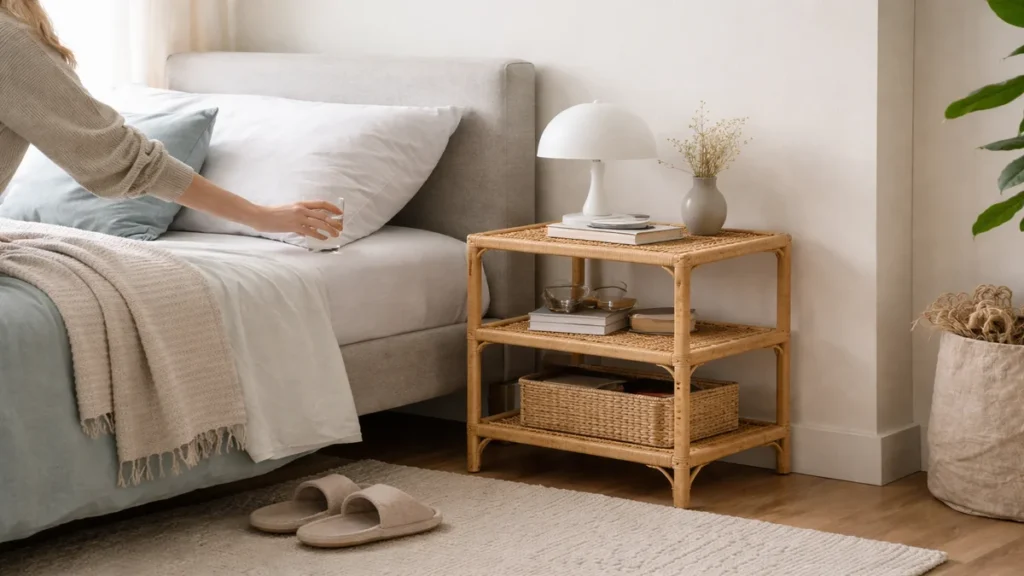 nightstand alternatives for small bedroom - lifestyle photo in real-world setting