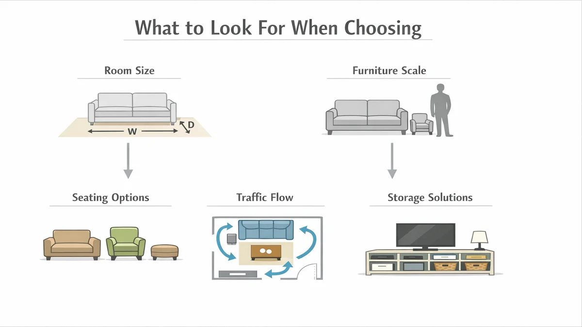 small living room layout ideas - diagram illustrating what to look for when choosing