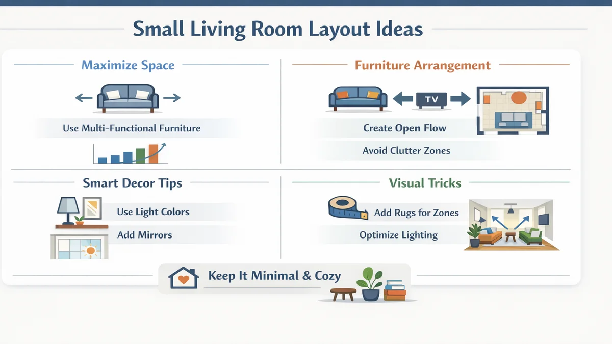 small living room layout ideas - infographic with key information
